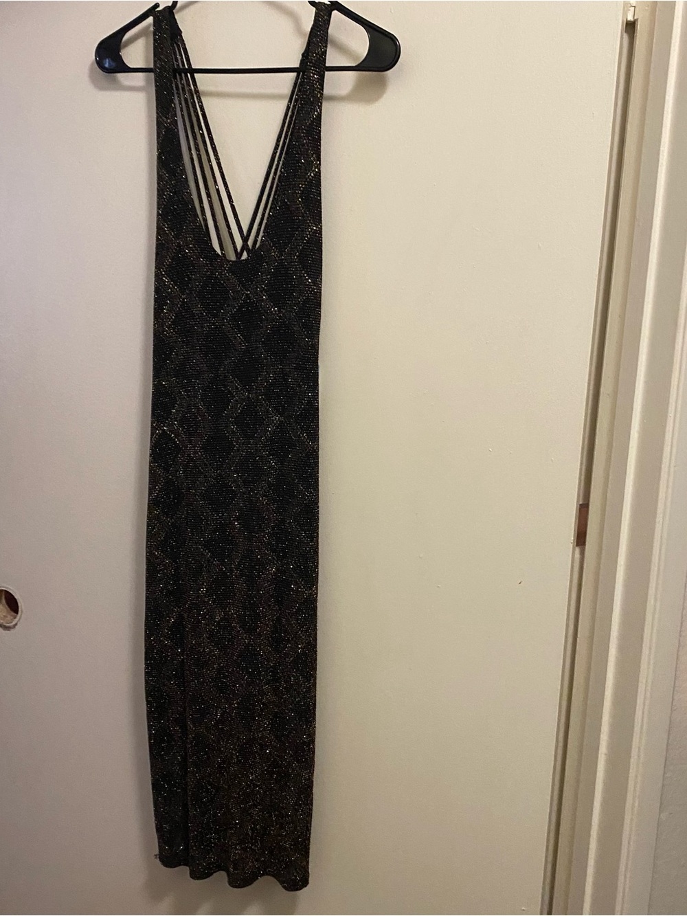 Kimcine Curve Vtg USA 2XL 44” Maxi Tank Dress Black Gold Shimmer Bodycon Party